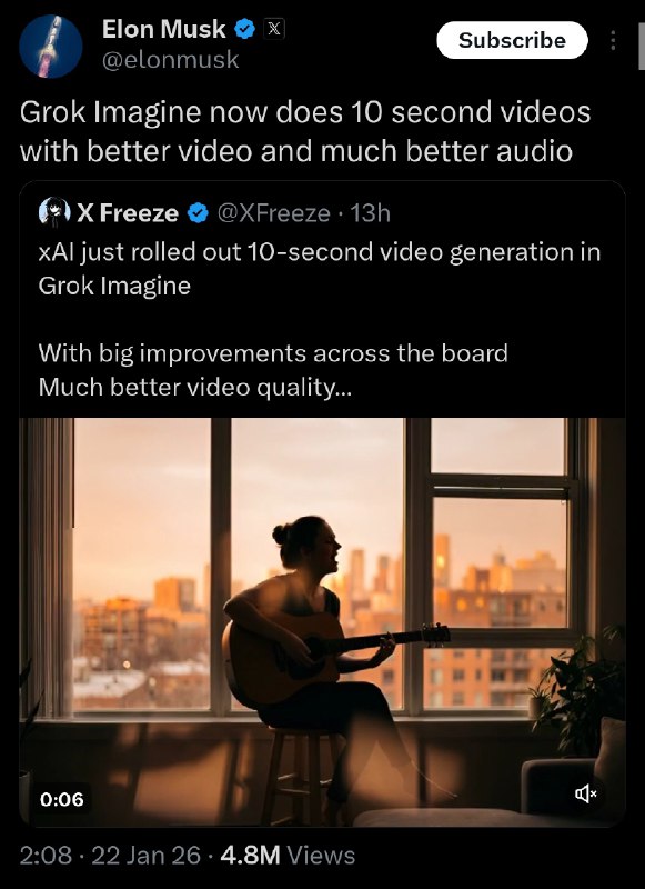 Grok Imagine генерирует 10-секундные видео

Команда xAI начала раскатывать обновление для Grok Imagi