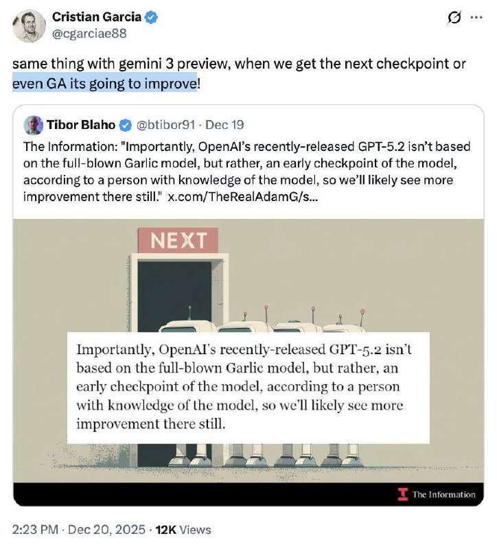 GPT-5.2 и Gemini 3 Pro  всего лишь промежуточные чекпоинты

The Information пишет, что GPT-5.2  это