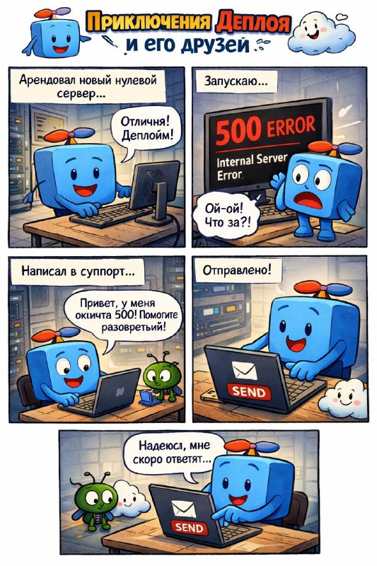 Решил нарисовать коммикс Приключения Деплоя и его друзей

Промпт:

Создать изображение 

Сделай небо