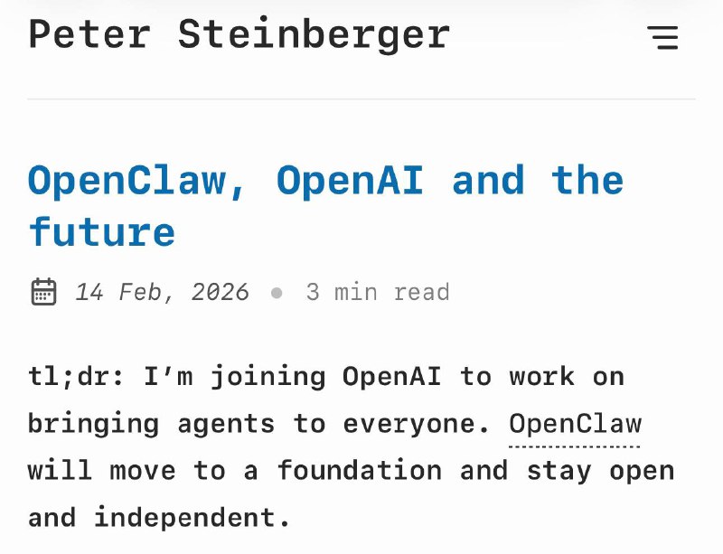 OpenAI забирает OpenClaw под крыло и нанимает его создателя

Создатель OpenClaw Питер Штайнбергер пе