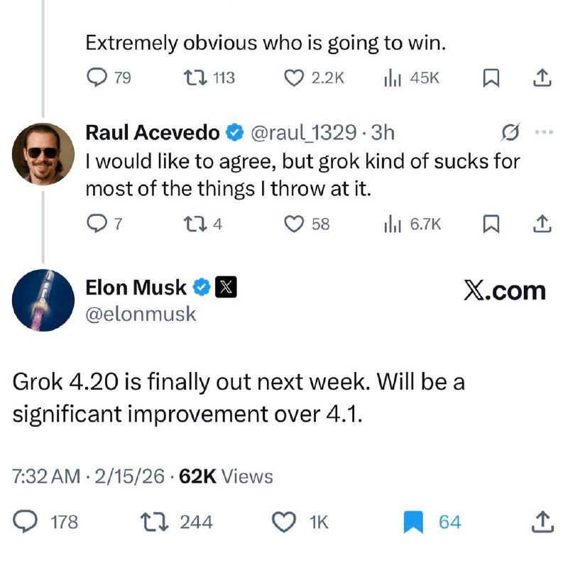 Grok 4.20, по словам Маска, выйдет на следующей неделе

Также он написал, что это будет значительное