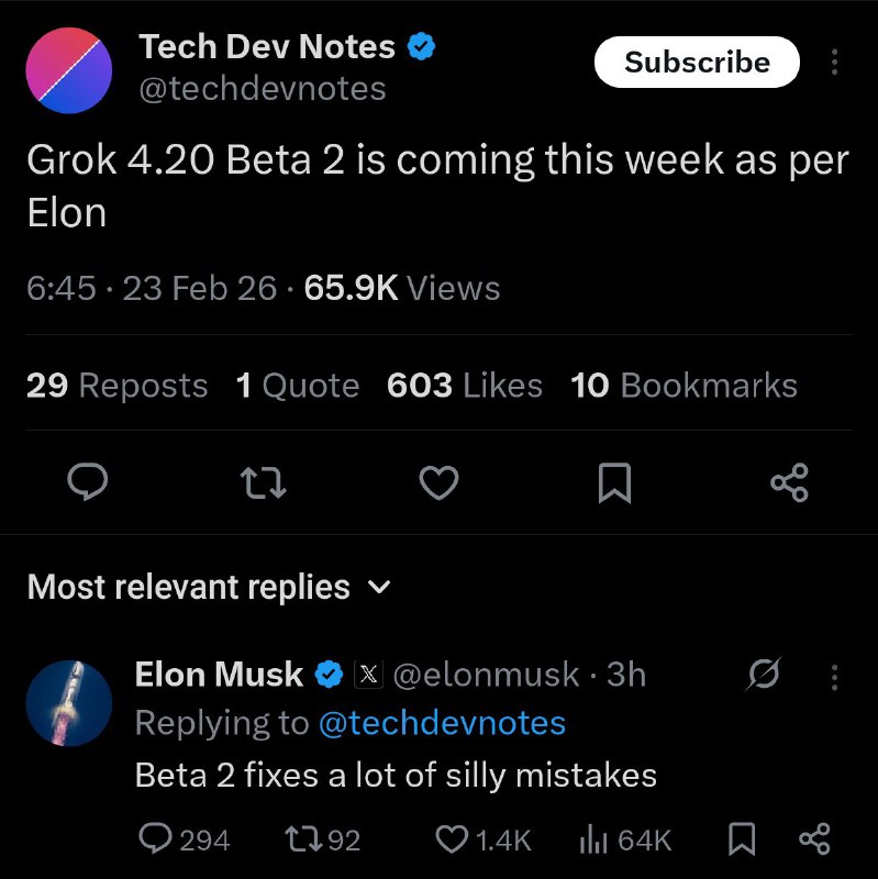 Илон Маск подтвердил выход Grok 4.20 Beta 2 на этой неделе

Обновление исправит большое количество г