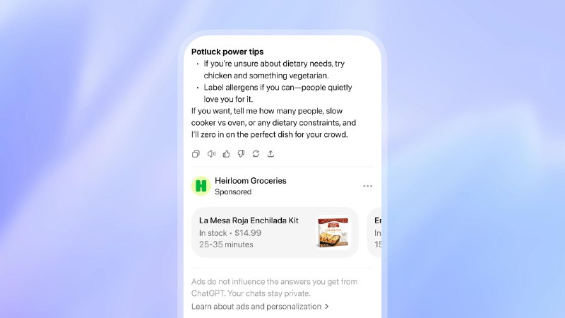 В ChatGPT начала появляться реклама
Пока только для пользователей из США без подписки.
В OpenAI ут
