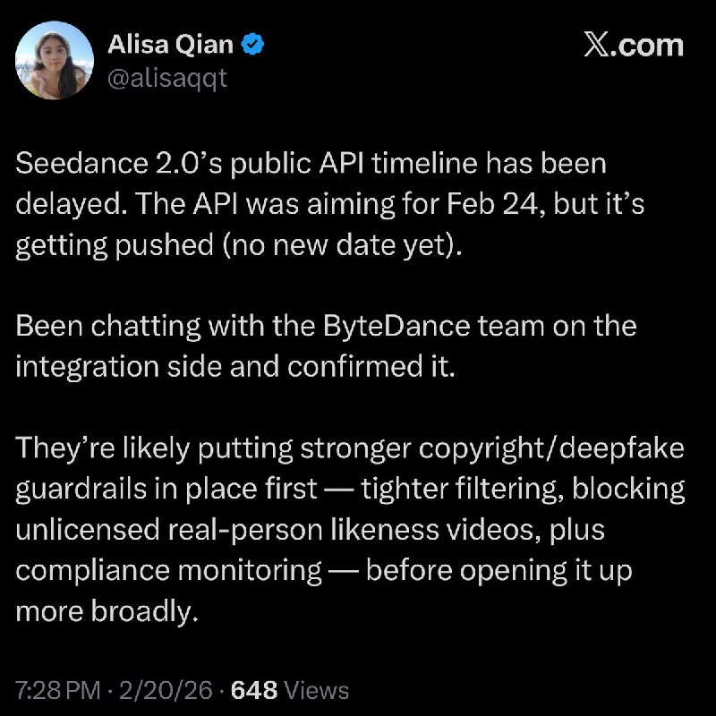 Запуск API Seedance 2.0 отложен

ByteDance перенесла публичный релиз API видеомодели Seedance 2.0 на