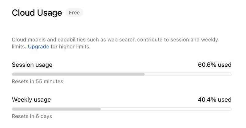 Лимиты беспплатные в Ollama мизерные

Один 3х часовой лимит примерно 20% от недельного. Т.е. за 15 ч
