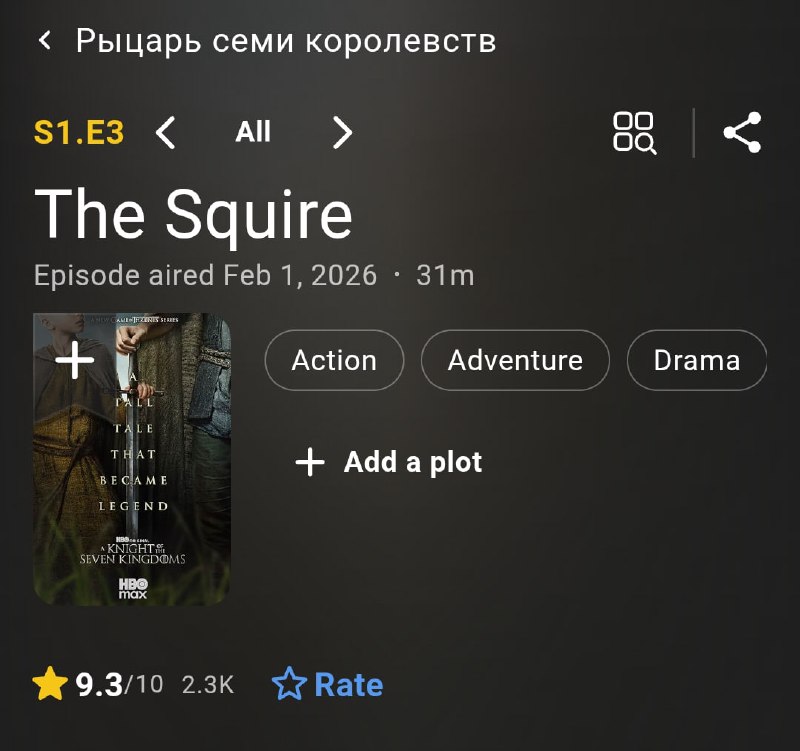 3-я серия Рыцаря Семи королевств  внезапный шедевр. Сейчас у эпизода 9.3 на IMDb  намного выше, чем