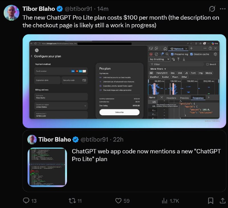ChatGPT готовят новую подписку  Pro Lite за $100мес

Это золотая середина, которая напрашивалась дав