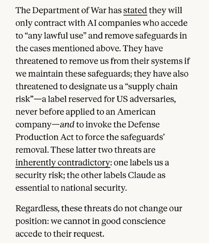 Амодеи ответил Пентагону: Anthropic не снимает ключевые ограничения для Claude

Предыстория

Дарио А