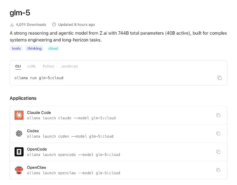 GLM-5 уже в ollama
Кто там хочет GLM-5, но денег нет
Регистриуйтесь на сайте, получатей АПИ ключ,