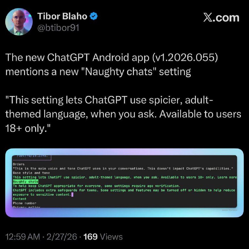 Режим для взрослых в ChatGPT близится к релизу

В сборке приложения под Android были обнаружены новы