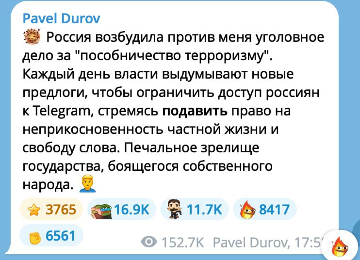 Дуров подтвердил уголовку против себя за помощь терроризму

Глава Telegram считает, что так власти п