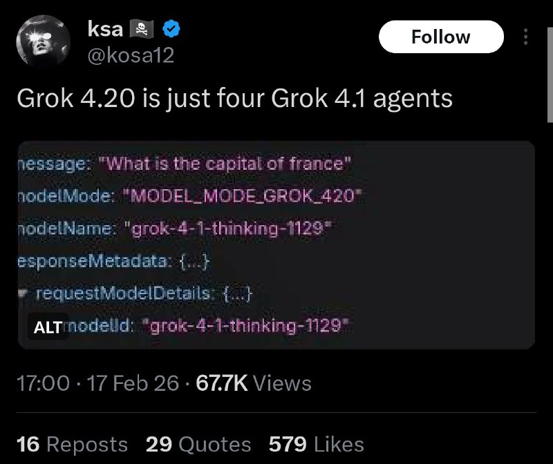 Похоже, новой модели не существует

Пользователи вскрыли сетевые запросы Grok 4.20 и нашли в метадан