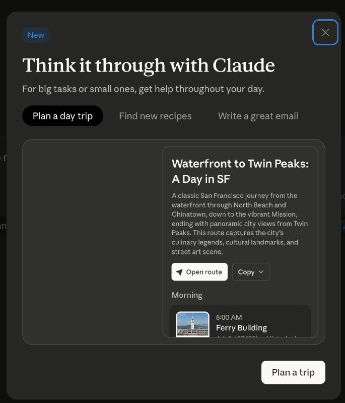 Очередная новинка от Антропик
Обдумайте это с Клодом
Спланируйте свою следующую поездку
Можно под