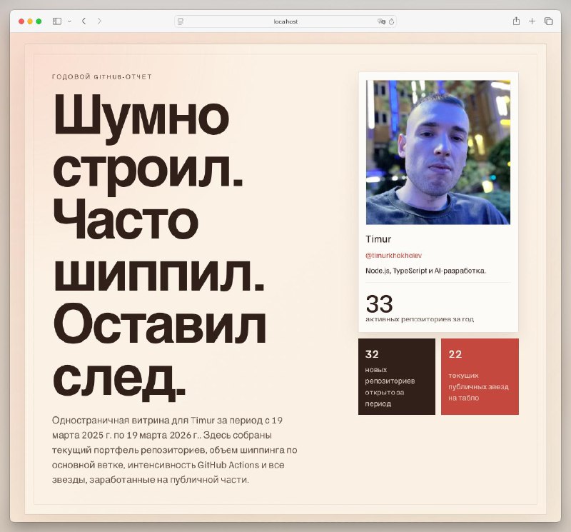 Шумно строил. Часто шиппил. Оставил след

Вот такой кринжовый заголовок GPT 5.4 придумал для моего д