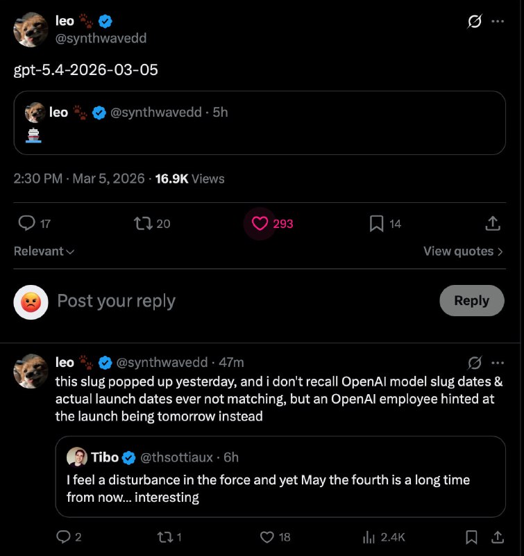 GPT 5.4  сегодня в 21:00 по МСК!

Этой информацией поделился достоверный инсайдер leo на основе внут