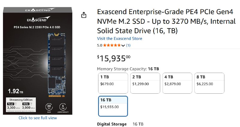Первый M.2 SSD на 16 ТБ появился в продаже  он обойдётся всего в 1 300 000 рублей или $16 тысяч.

Да