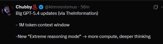 Судя по утечкам, GPT 5.4 будет иметь контекстное окно в 1млн токенов и дополнительный extreme-reason