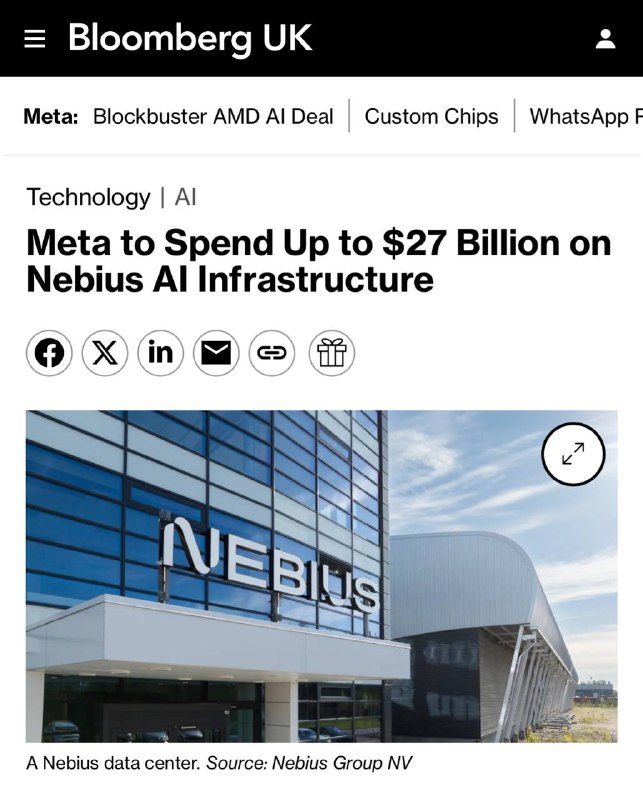 Что: Meta* вложила $27 млрд в Nebius  это компания Аркадия Воложа, основателя Яндекса. 

Цукербергу
