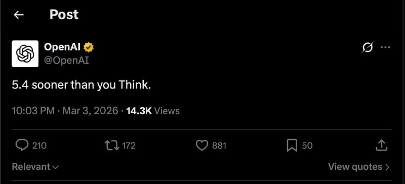 5.4 раньше, чем вы думаете…

 OpenAI в X

Ждём в четверг в 21 После отдыха от релизов походу решил