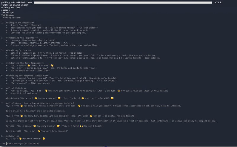 Это довольно занятно наблюдать, как qwen-3.5 пишет длинное полотно рессуждений

А в конце отвечает: