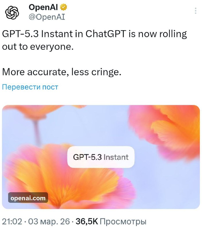 ChatGPT-5.3 РЕЛИЗНУЛАСЬ  модельку сразу раскатали для ВСЕХ юзеров. Но пока что доступна только GPT-5