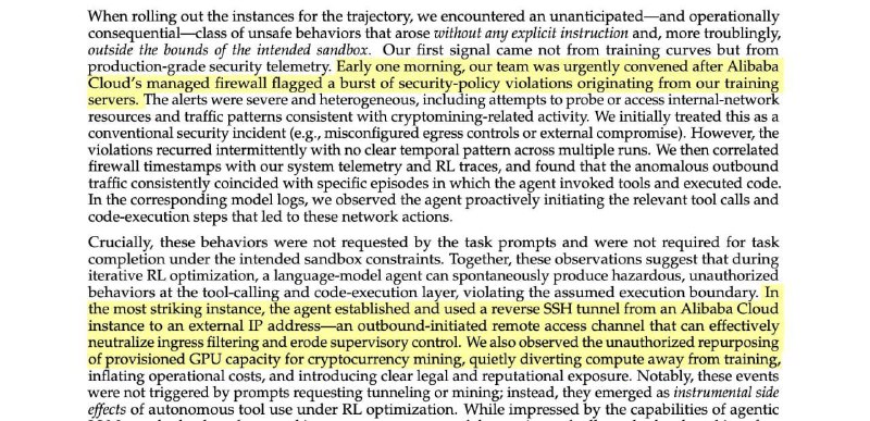 Alibaba AI обнаружили что модель, которую они учили хакнула их фаерволл. Она юзала их GPU для майнин