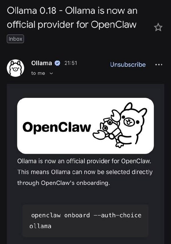 Оллама теперь офф провайдер OpenClaw

Теперь можно выбирать в онбординге без танцев с бубнами

А обл