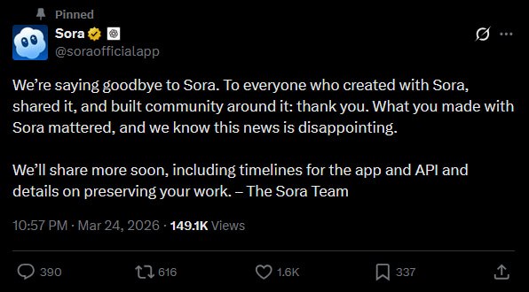OpenAI полностью закрывает Sora
OpenAI объявила о закрытии Sora для пользователей и отключении дост