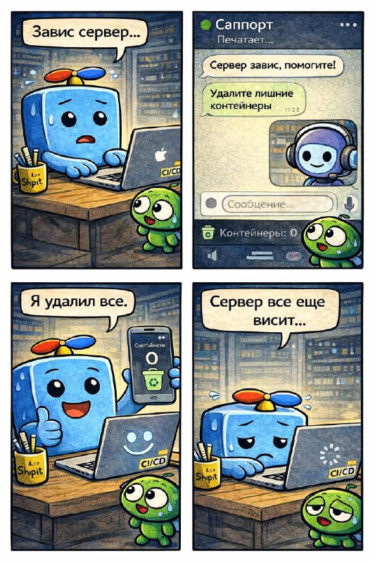 Приключения Деплоя часть 2

Наконец-то вышла вторая часть комикса:
1. Завис сервер.
2. Пишу в поддер