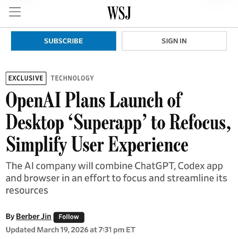 OpenAI готовит десктопный суперапп  ChatGPT, Codex и браузер объединят в одно

По данным The Wall St