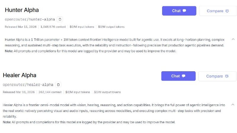 Новые stealth-модели Hunter Alpha и Healer Alpha на OpenRouter

На платформе OpenRouter стали доступ