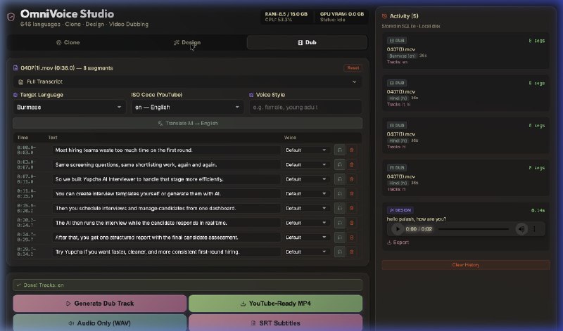 Вышла имба для работы с голосом и другим аудио  OmniVoice Studio мгновенно дублирует голос с любым т