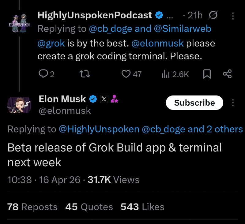 Анонсирован Grok Build и терминал

Илон Маск заявил, что бета-версия приложения Grok Build и термина